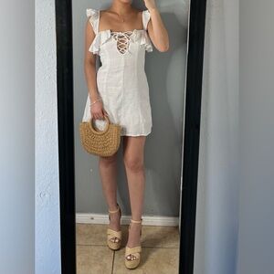 White ruffle lace up handmade vacation beach resort feminine mini dress sz XS